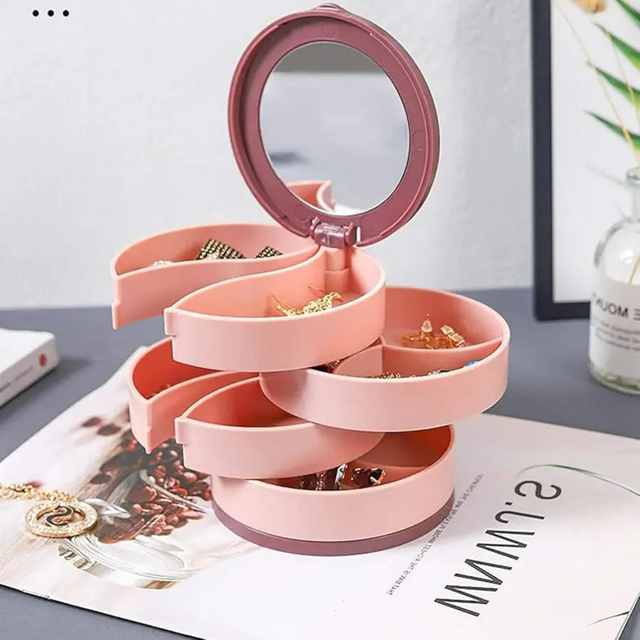 Round Jewelry Box – 4 Compartments with Built-in Mirror