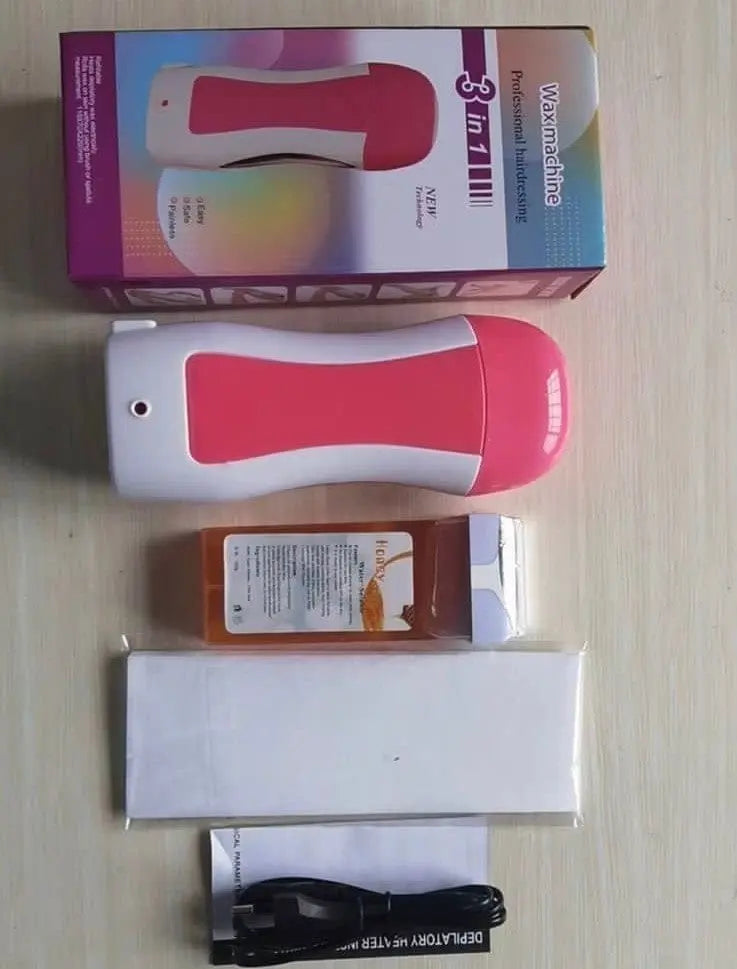 3 in 1 Depilatory Wax Roll On Heater With Epilator Machine with Wax Refill and Strips for Women