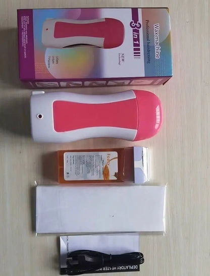 3 in 1 Depilatory Wax Roll On Heater With Epilator Machine with Wax Refill and Strips for Women