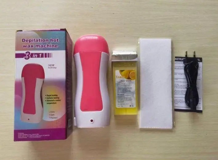 3 in 1 Depilatory Wax Roll On Heater With Epilator Machine with Wax Refill and Strips for Women