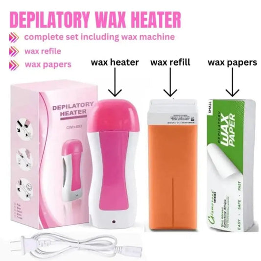 3 in 1 Depilatory Wax Roll On Heater With Epilator Machine with Wax Refill and Strips for Women