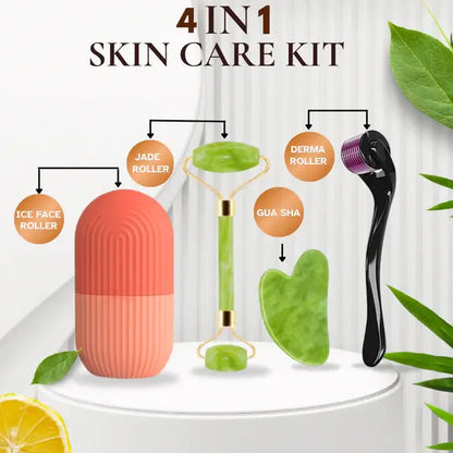 4 in 1 Value Bundle - Derma Roller, Jade Roller, Gua Sha & Ice Face Roller for Radiant Skin