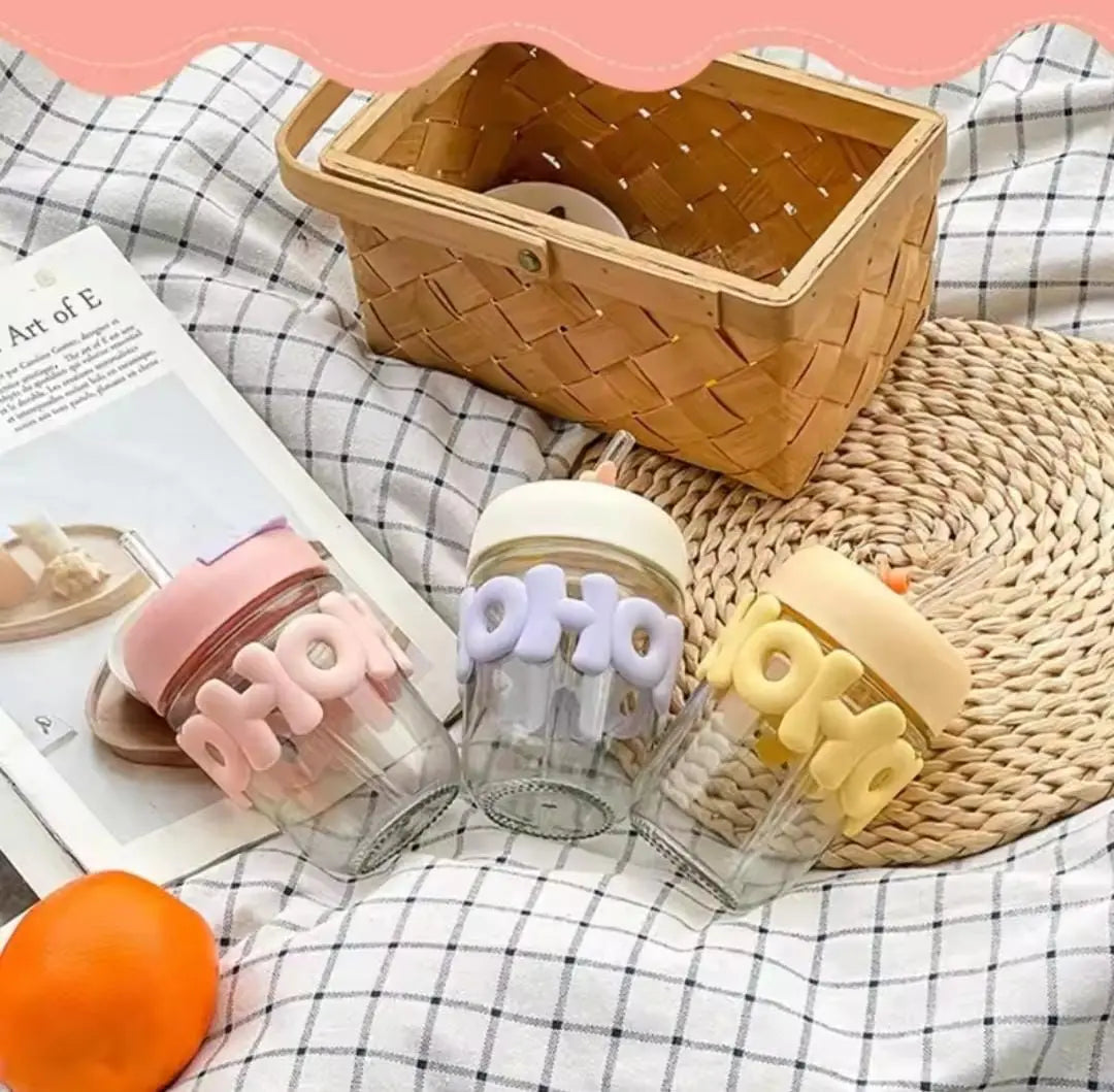 Cute Water Sipper Cup Glass With Lid And Straw 350ml (With Box Packing)