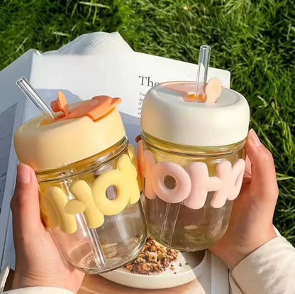 Cute Water Sipper Cup Glass With Lid And Straw 350ml (With Box Packing)