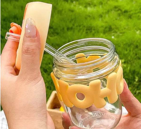 Cute Water Sipper Cup Glass With Lid And Straw 350ml (With Box Packing)