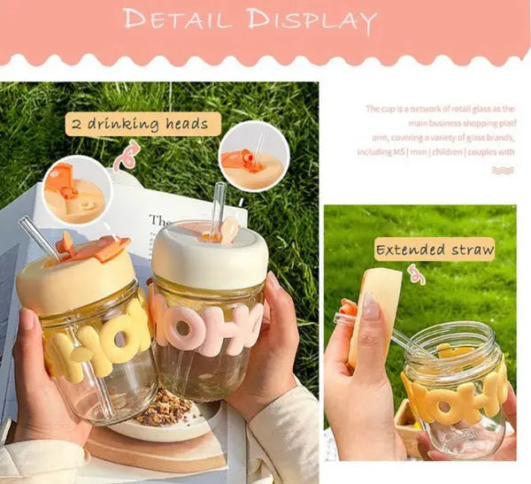Cute Water Sipper Cup Glass With Lid And Straw 350ml (With Box Packing)