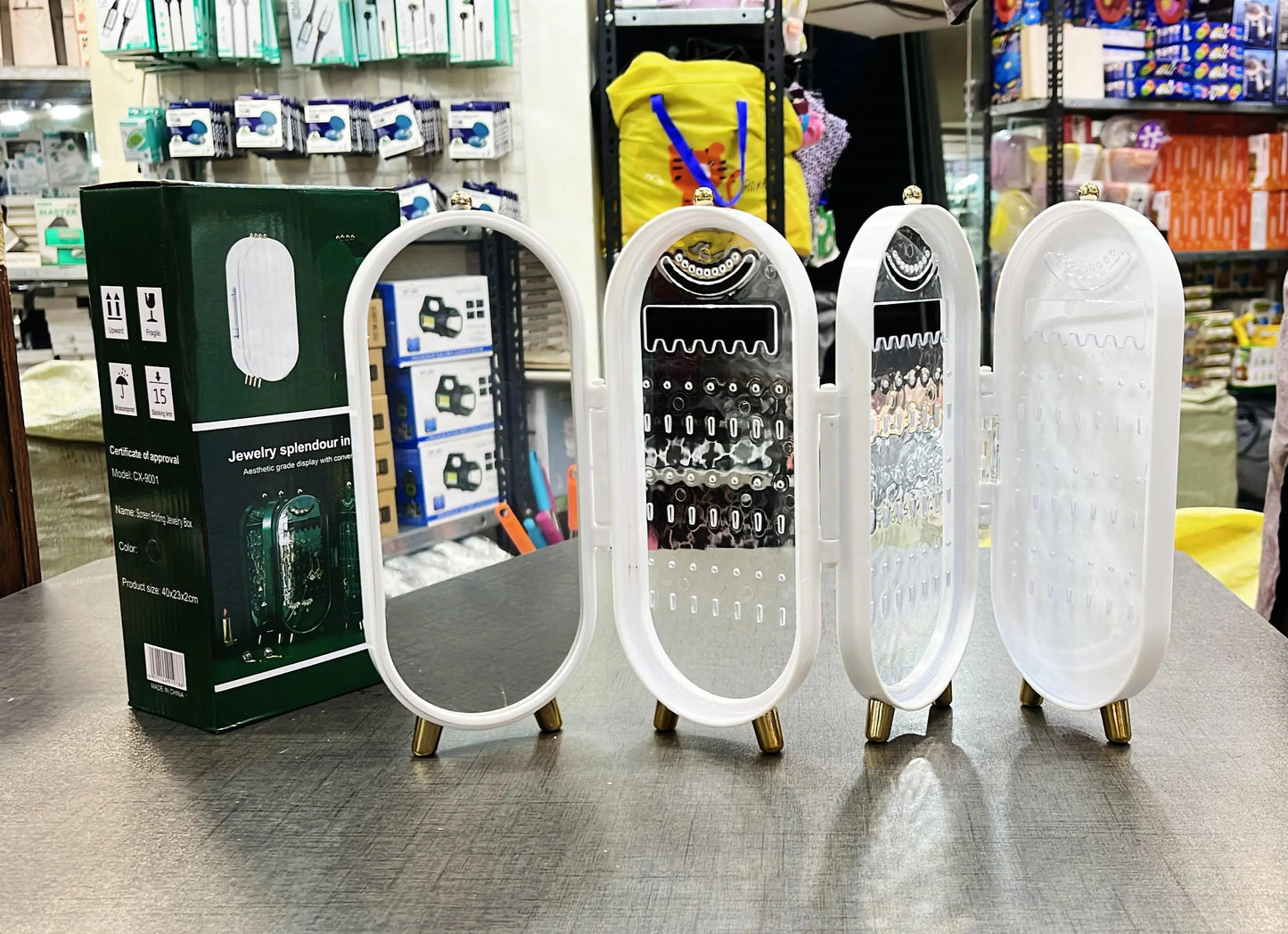 Foldable Jewellery Organizer with Mirror Ear Rings & Necklace_Hanging Holder