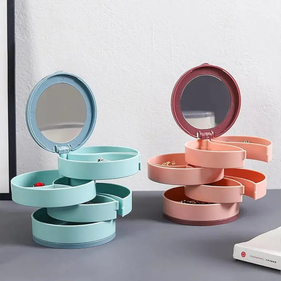 Round Jewelry Box – 4 Compartments with Built-in Mirror