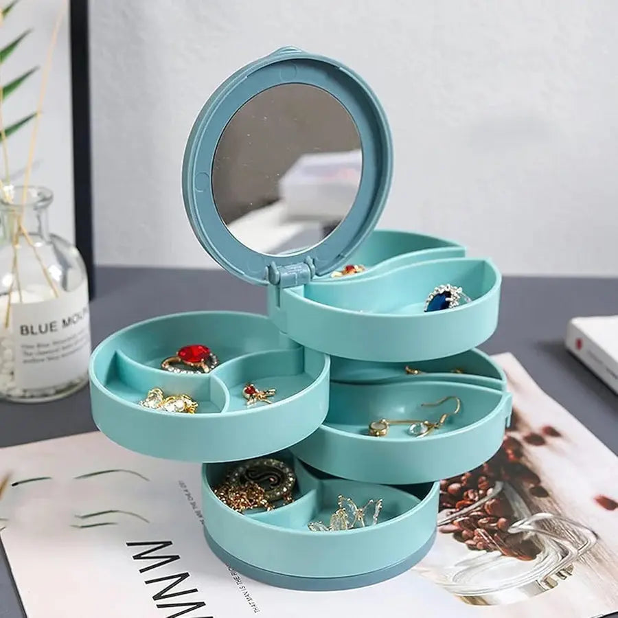Round Jewelry Box – 4 Compartments with Built-in Mirror