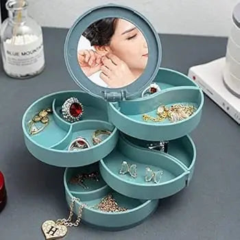 Round Jewelry Box – 4 Compartments with Built-in Mirror